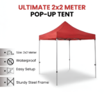 Ultimate 2×2 Meter Pop-Up Tent (approx. 6.5×6.5 Ft / 200×200 cm) | Waterproof Red Canopy with Sturdy Steel Frame for Outdoor Events & Markets