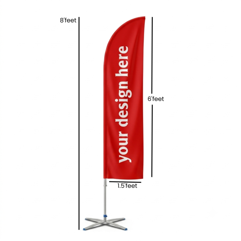 Double Sided Full Printed Custom Feather Flag Banner (8 Ft Height x 1.5 Ft Width) with Cross Base – Outdoor Promotional Sail Flag