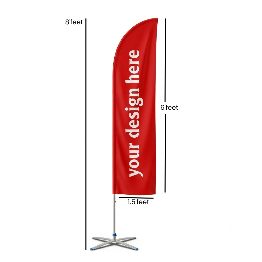 Double Sided Full Printed Custom Feather Flag Banner (8 Ft Height x 1.5 Ft Width) with Cross Base – Outdoor Promotional Sail Flag