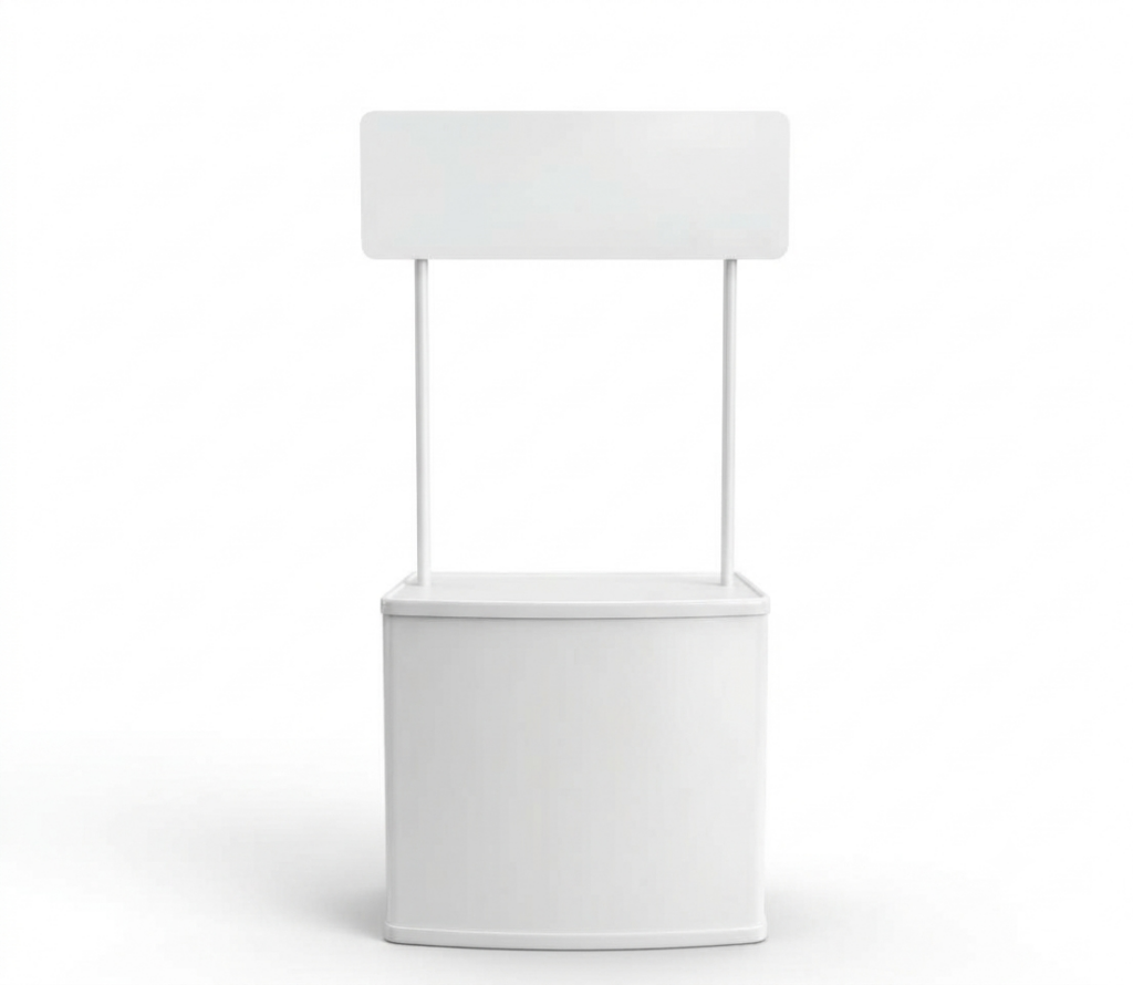 Plastic Promotional Table Stand with Overhead Header Banner & Storage Shelf
