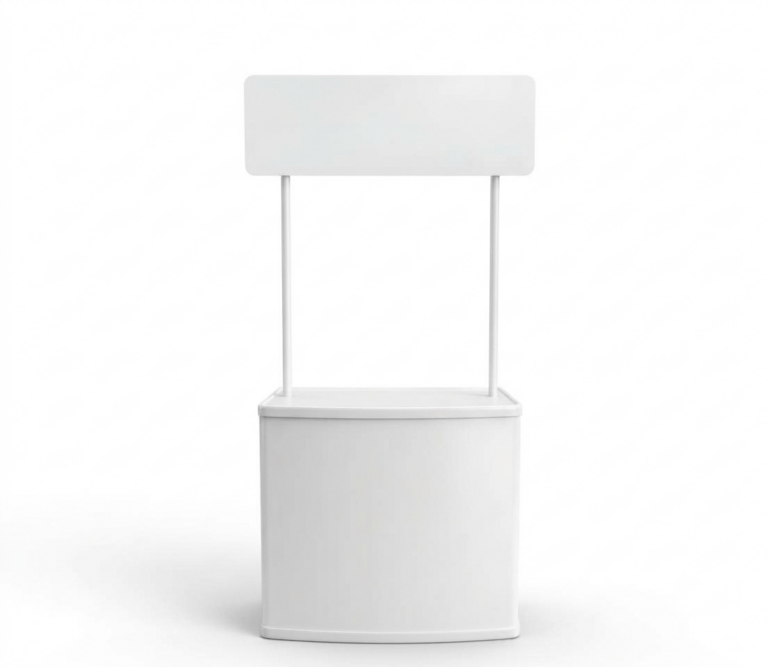 Plastic Promotional Table Stand with Overhead Header Banner & Storage Shelf