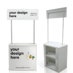 Plastic Promotional Table Stand with Overhead Header Banner & Storage Shelf